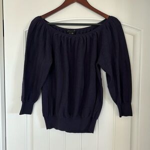 Theory Blue Merino Wool Ribbed Cold Shoulder 3/4 Puff Sleeve Sweater Women Large